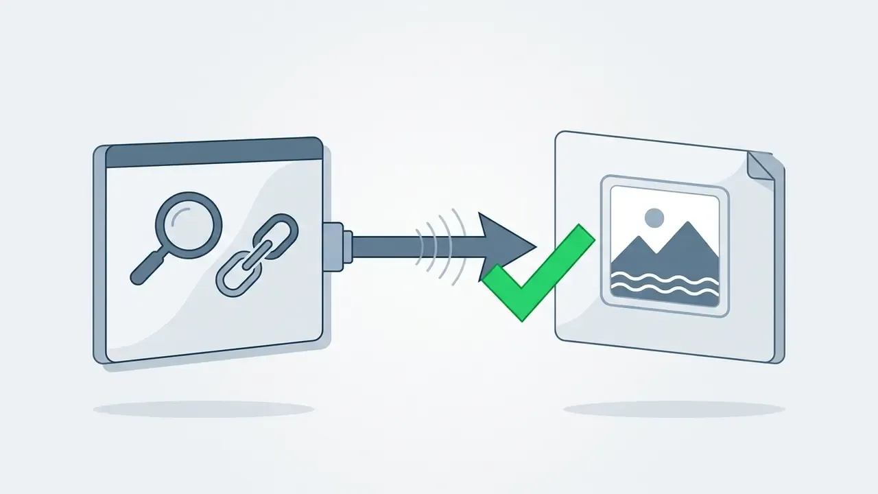 Arrow connecting a browser window with search and link icons to a file icon marked with a green check