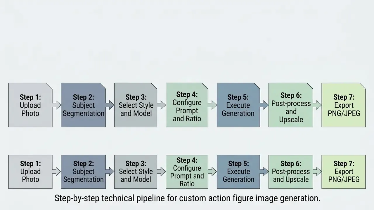 Linear process diagram outlining seven sequential steps for generating custom action figure images