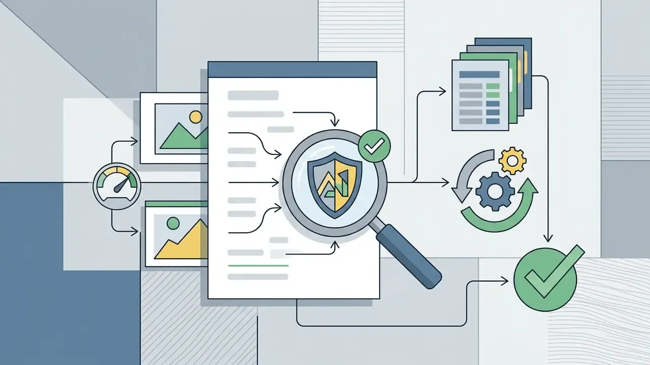 Magnifying glass over a shield icon inspecting document flows, gear mechanisms, and final approval symbols