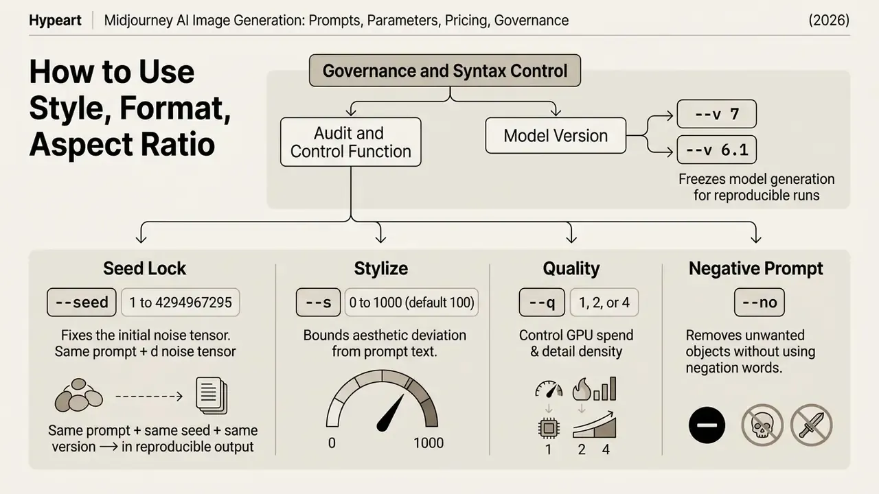 Diagram detailing Midjourney AI governance parameters for seed, stylize, quality, and negative prompts