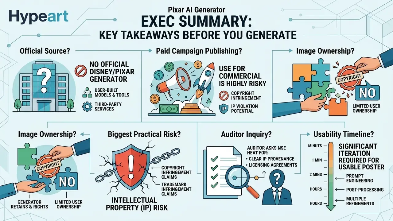 Infographic outlining key legal and practical risks for users of a Pixar AI generator