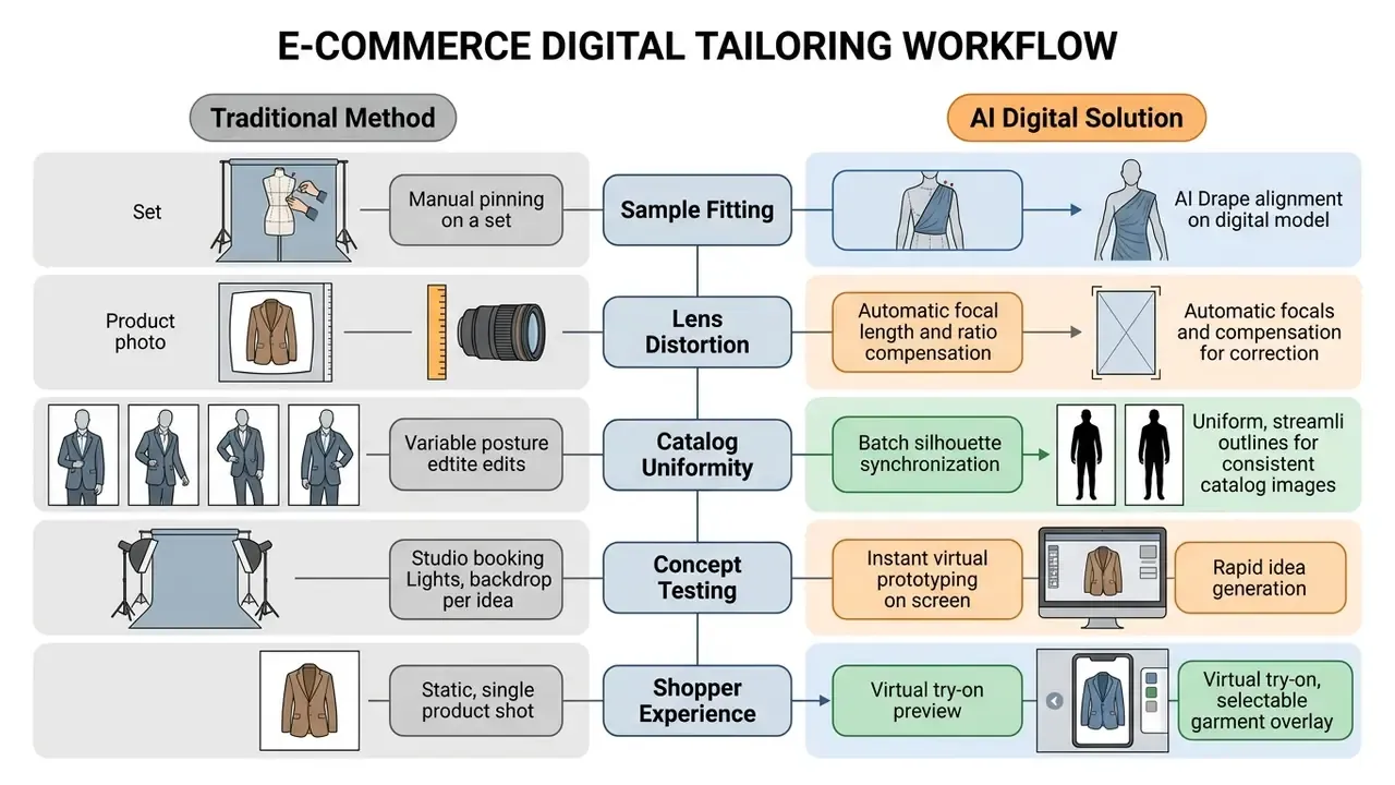 Workflow chart comparing traditional manual studio processes with automated AI digital solutions