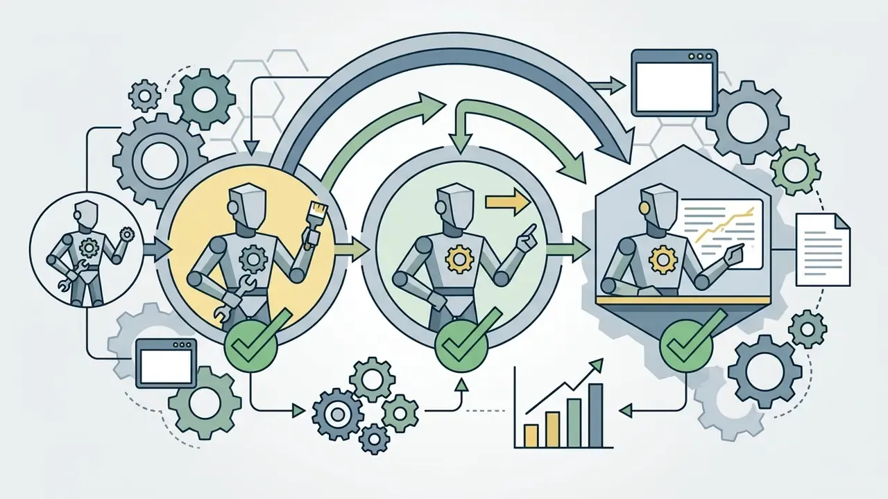 Robots working through sequential stages of character design and data analysis in a connected system