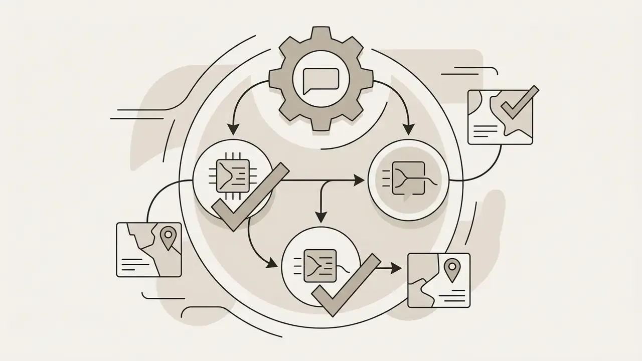 Gear mechanism connecting data inputs to regional map icons and verified processing modules
