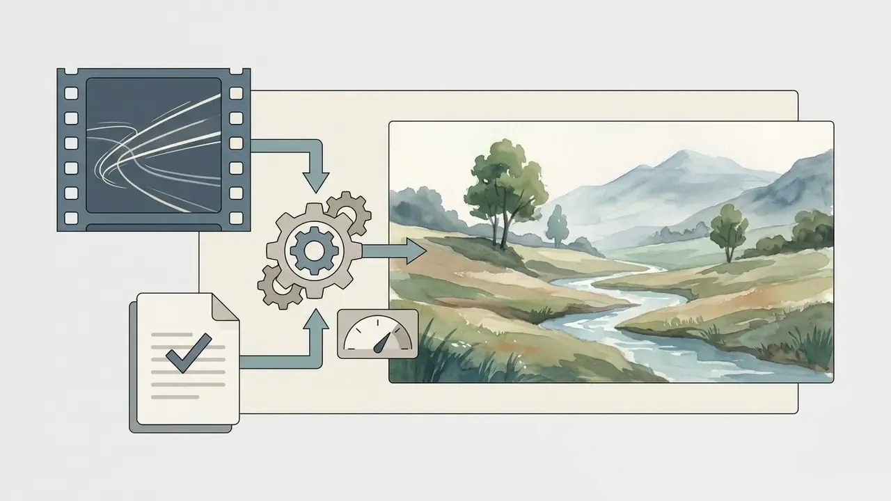 Video frame and document inputs processed by gears into a watercolor landscape animation