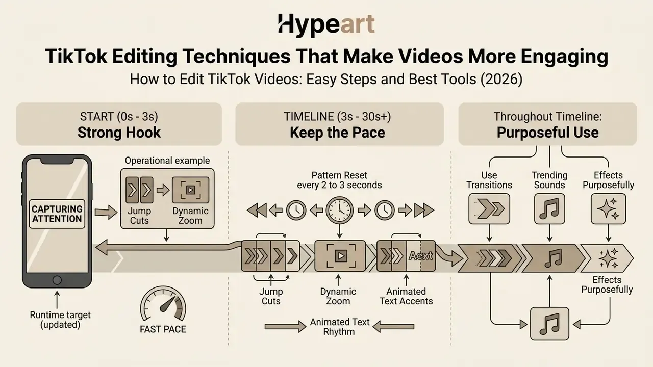 Timeline showing how to edit TikTok videos using hooks, rapid pacing, jump cuts, and dynamic effects