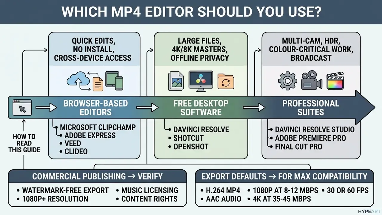 Flowchart comparing browser-based editors, free desktop software, and professional suites for MP4 editing