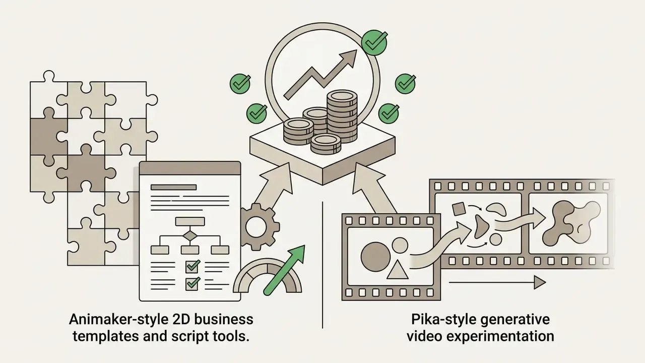 Icons representing Animaker templates and Pika generative video tools converging toward a growth metric