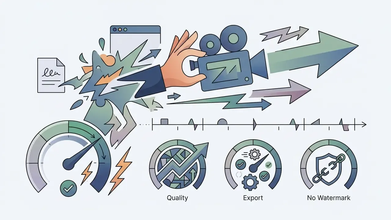 Hand holding a camera with icons for quality, export, and no watermark representing video production steps