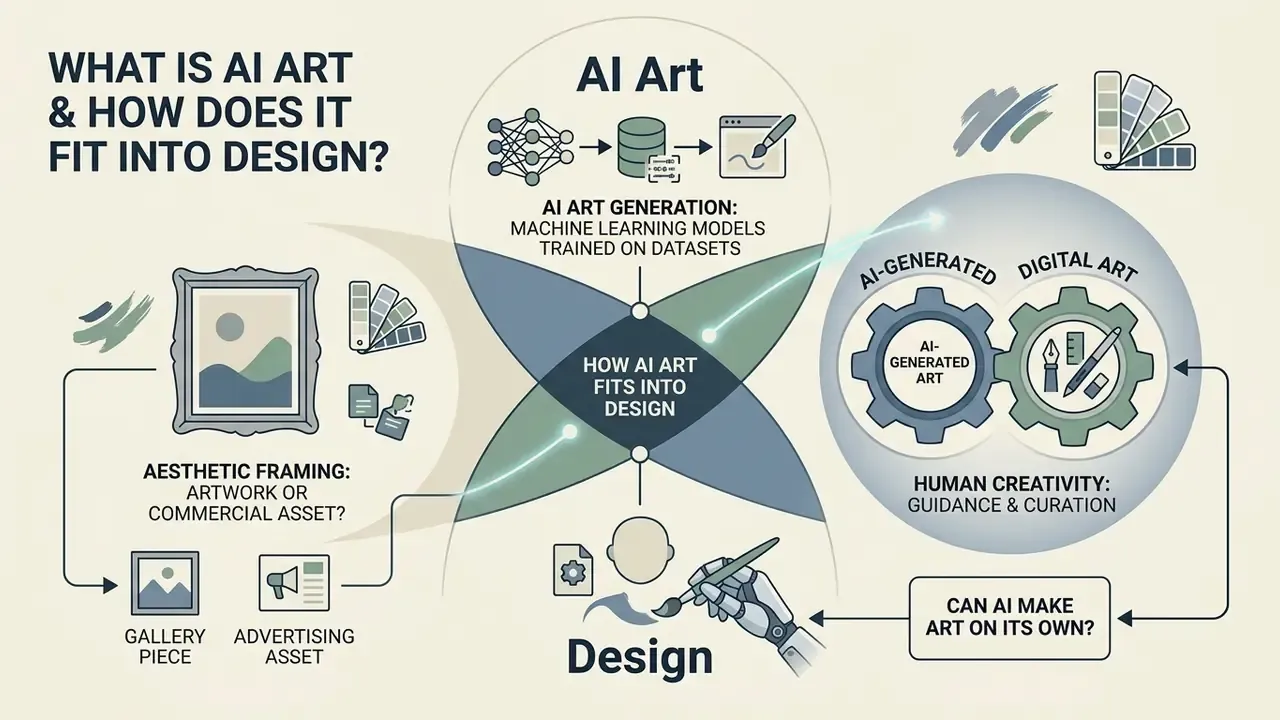 Flowchart exploring AI art generation, human creativity, and its integration into professional design