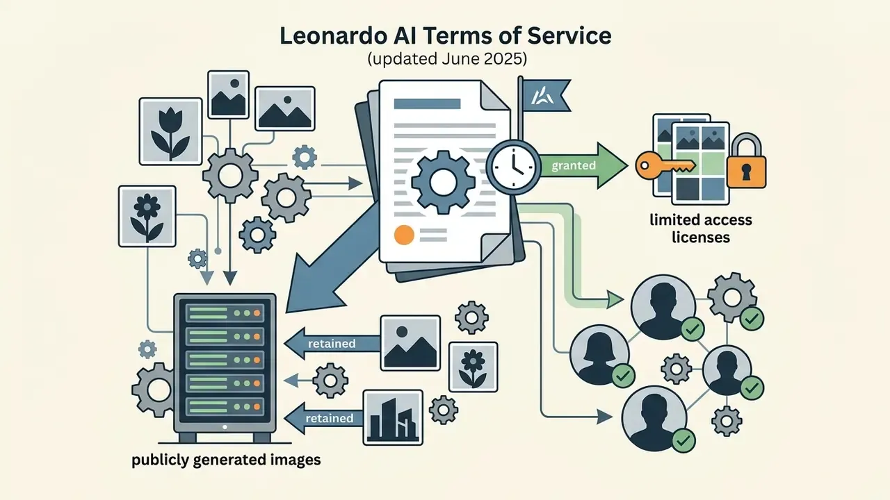 Visual representation of image licensing and retention policies for Leonardo AI generated content