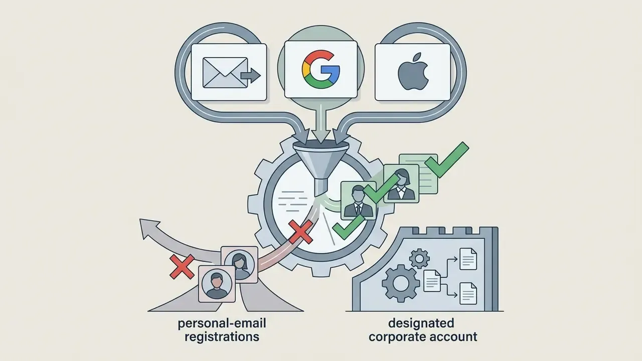 Email, Google, and Apple login icons feeding into a gear-driven filter for corporate account validation