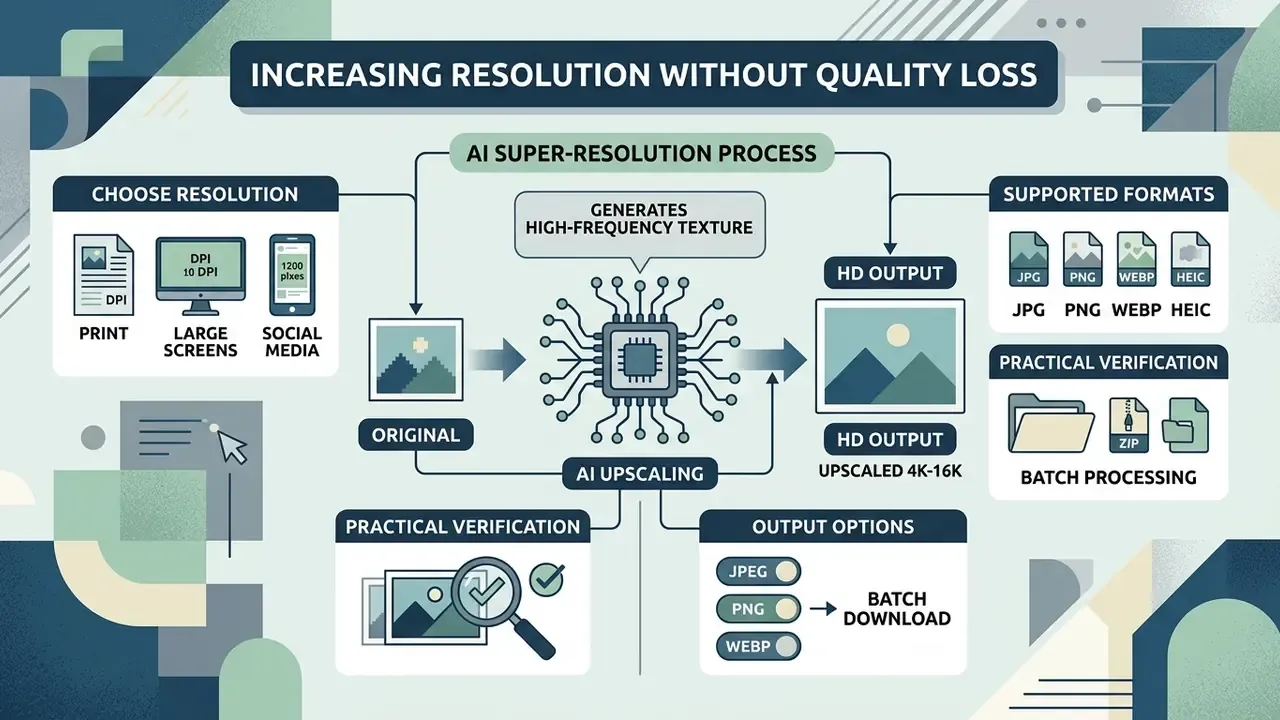 Diagram detailing AI super-resolution steps including format support, batch processing, and output options