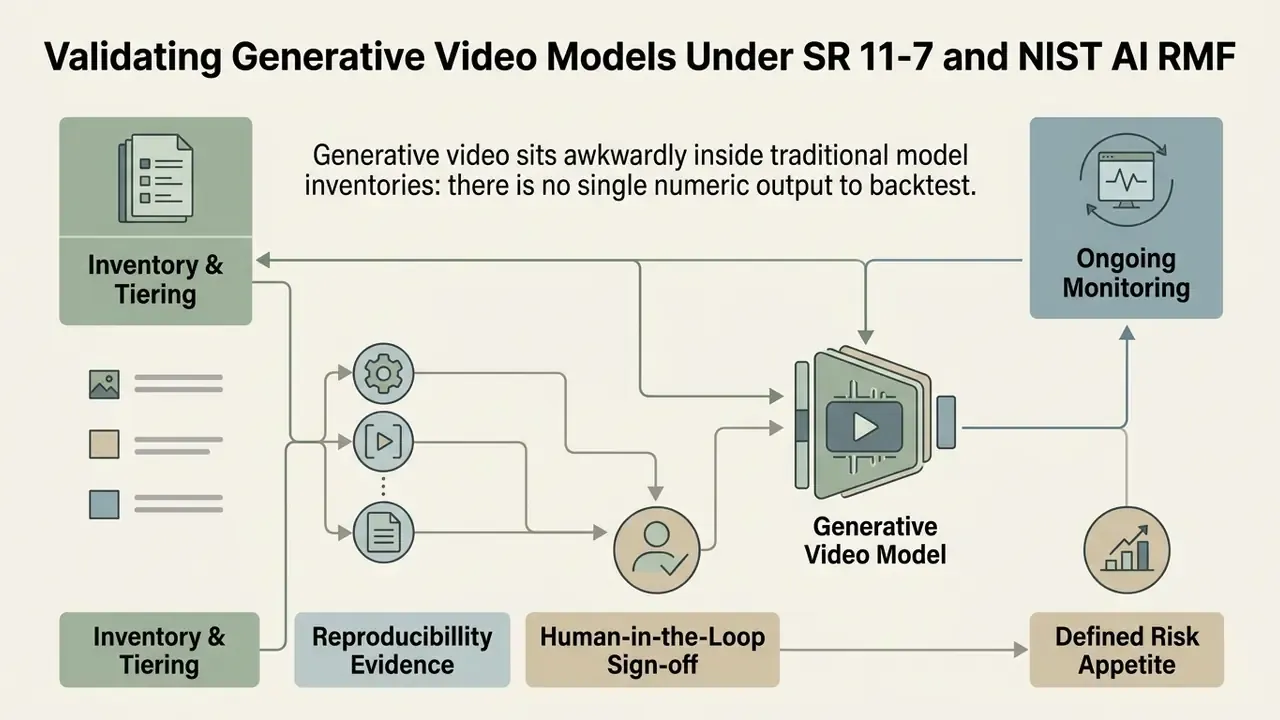 Process flow connecting model inventory, reproducibility evidence, and human oversight to generative video
