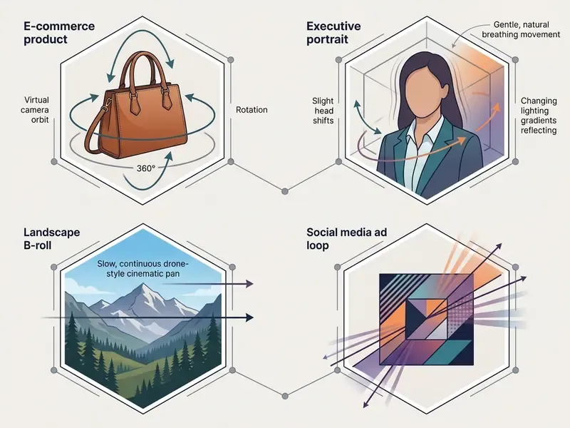 Four hexagonal panels illustrating varied motion effects for a free AI image to video generator