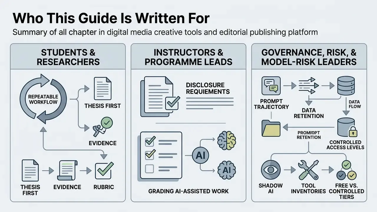 Three columns detailing distinct priorities for students, instructors, and risk leaders regarding AI tools