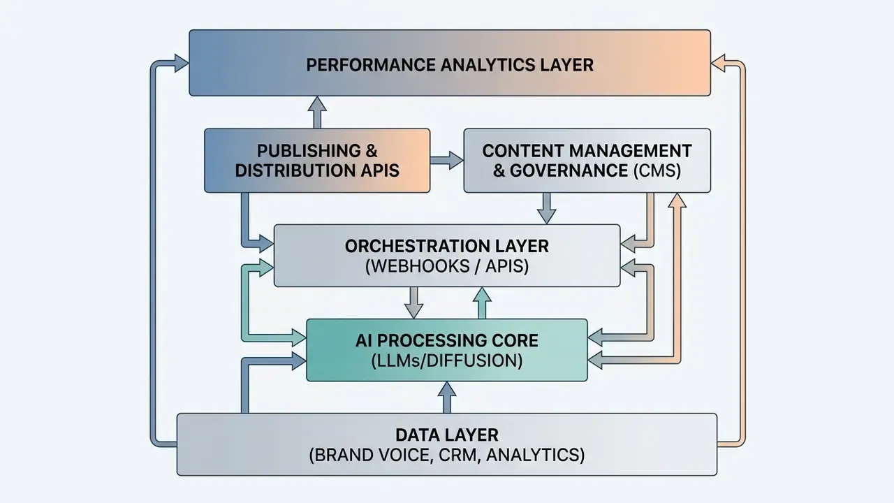 Layered architecture diagram showing the interconnected components of an AI Media Workflow
