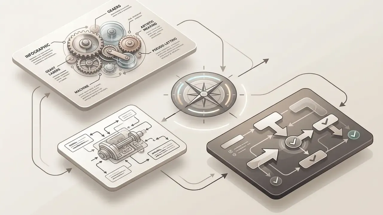 Central compass connecting a gear-based infographic, a mechanical schematic, and a structured workflow