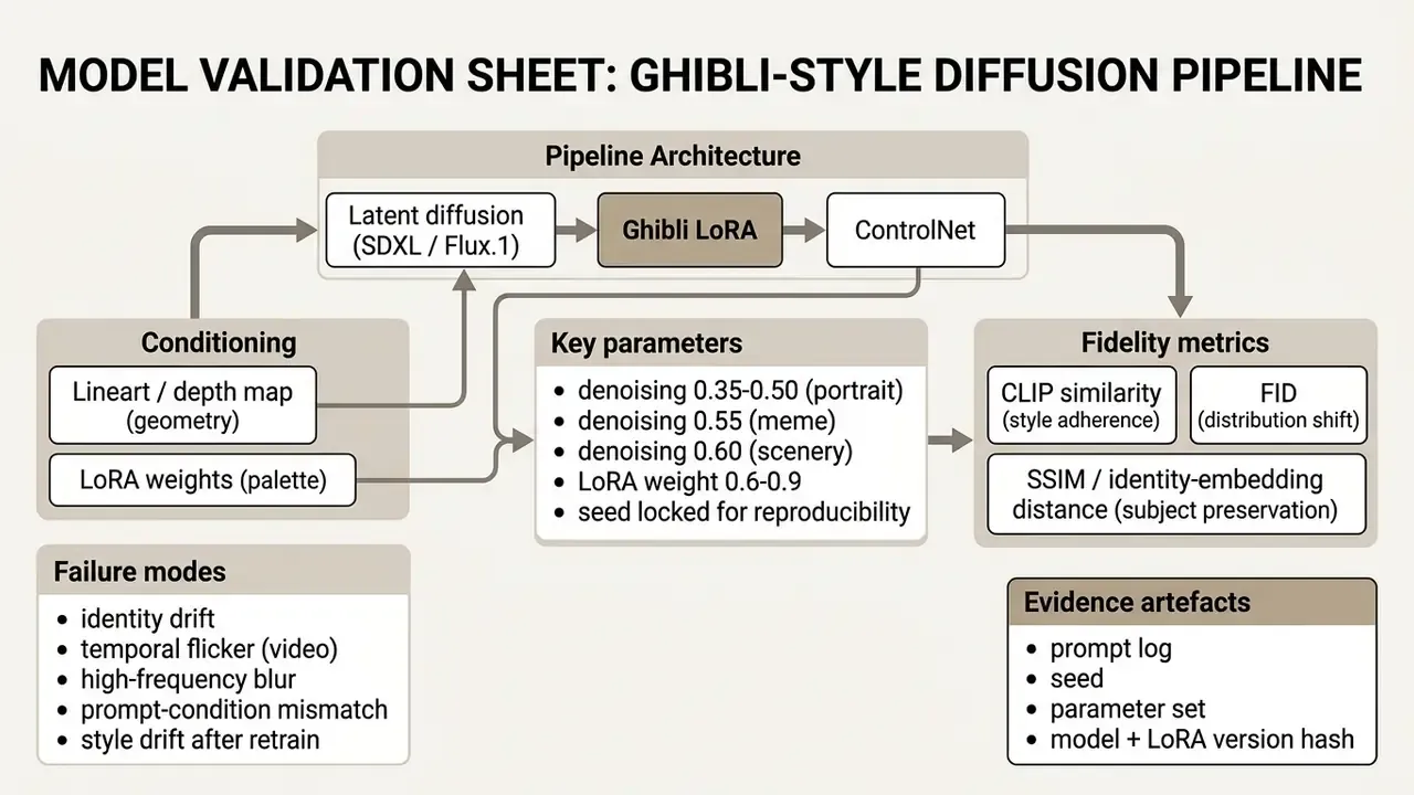 Flowchart outlining diffusion pipeline architecture, conditioning, parameters, metrics, and failure modes