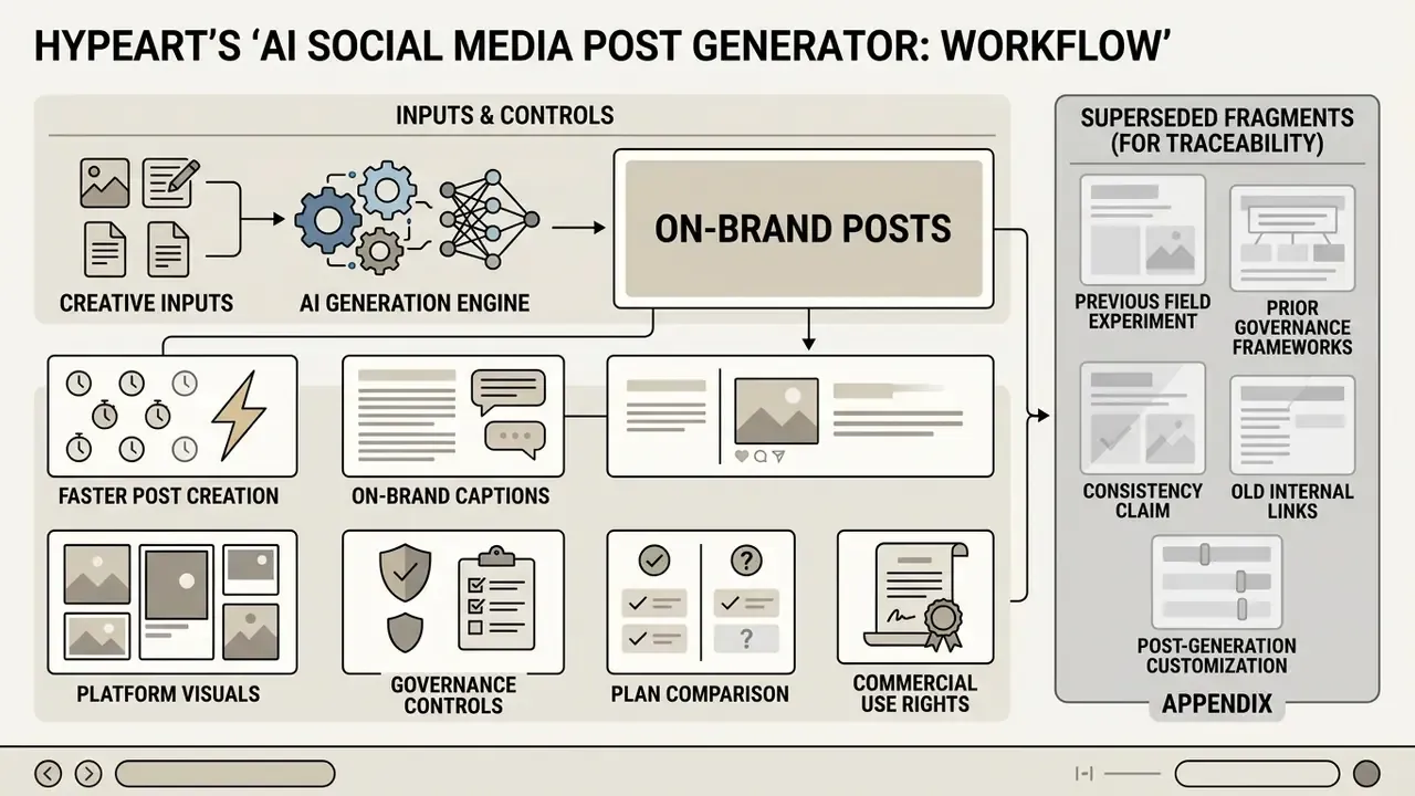 Workflow diagram showing AI content generation steps alongside a sidebar for superseded research fragments