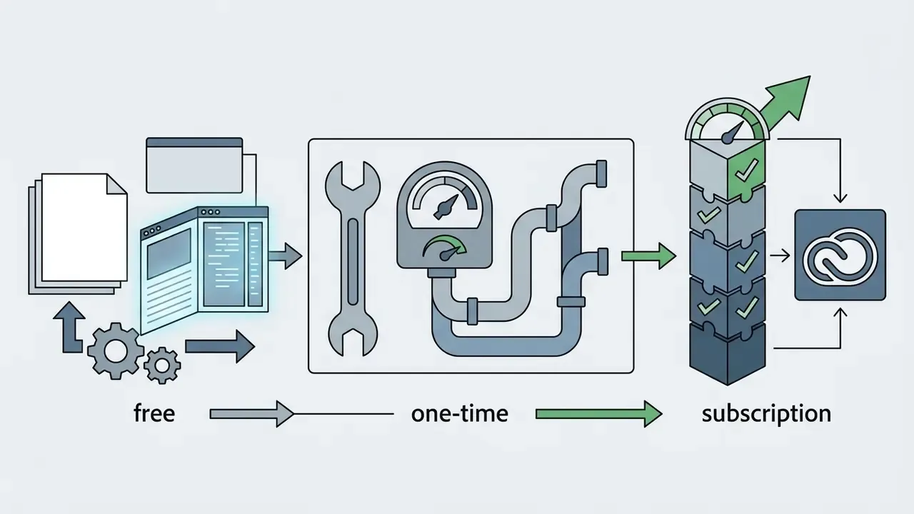 Icons of documents and gears flowing through a wrench and gauge system into a tiered subscription tower