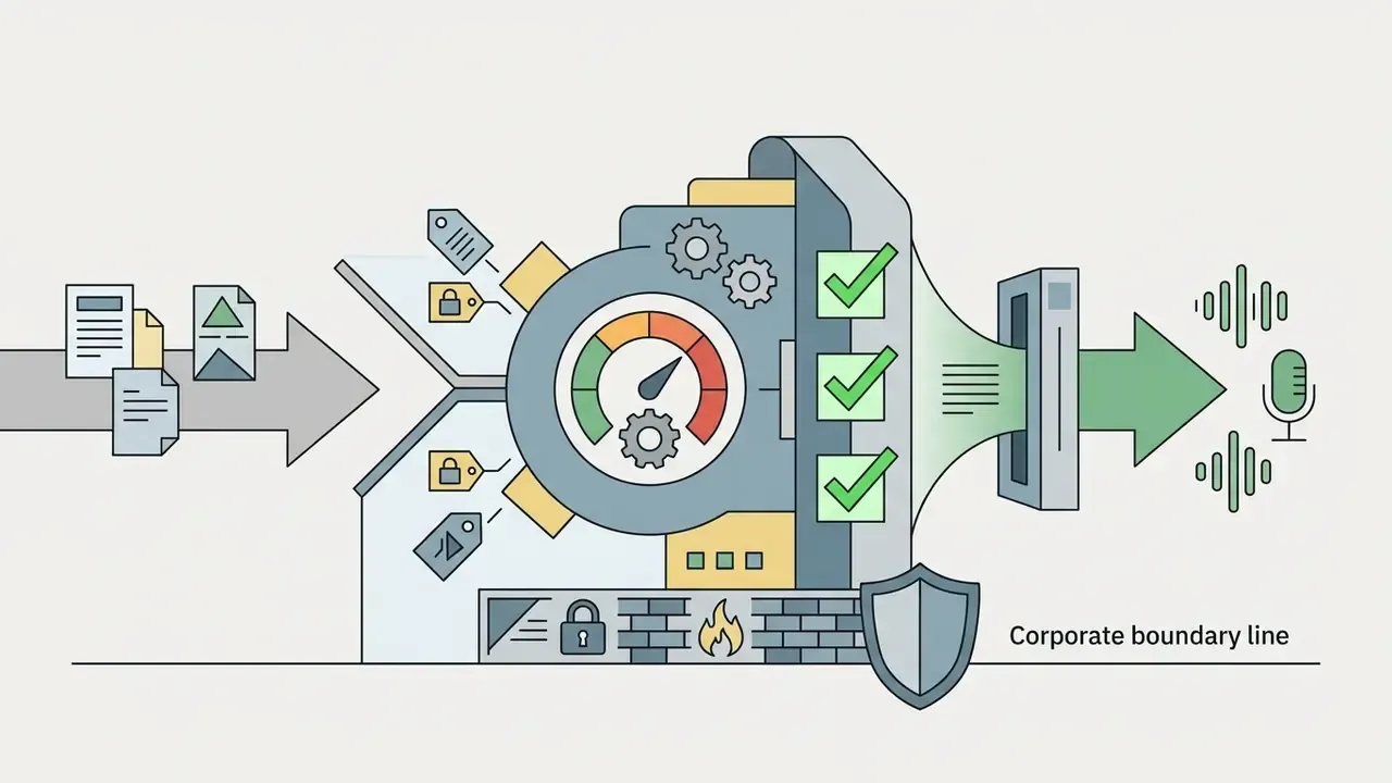 Documents passing through a security filter with a gauge and firewall before exiting a corporate boundary
