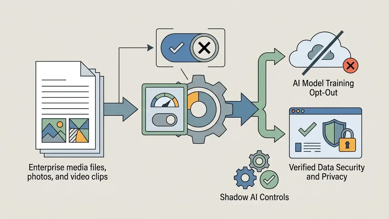 Media files flowing through a gear processor to toggle AI opt-out settings and secure data privacy