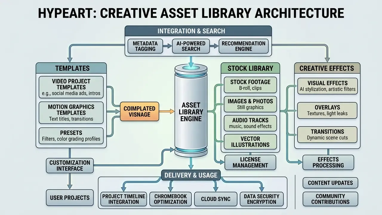 Flowchart showing how templates, stock libraries, and creative effects feed into a central asset engine