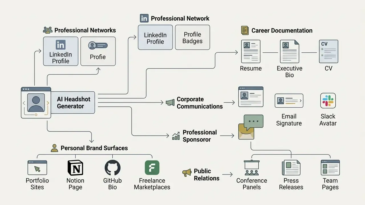 Flowchart showing how generated portraits are distributed across professional networks and media platforms