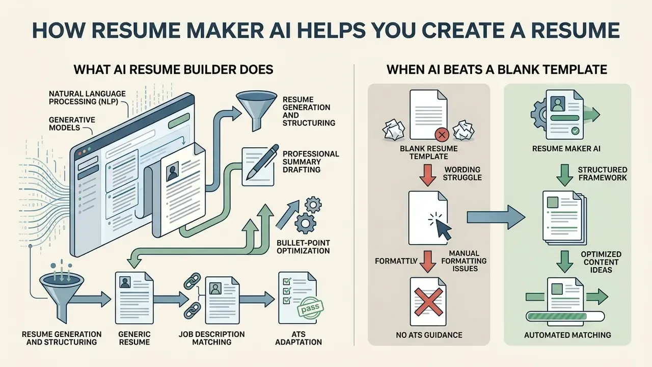 Diagram comparing the workflow of an AI resume builder against manual template editing processes
