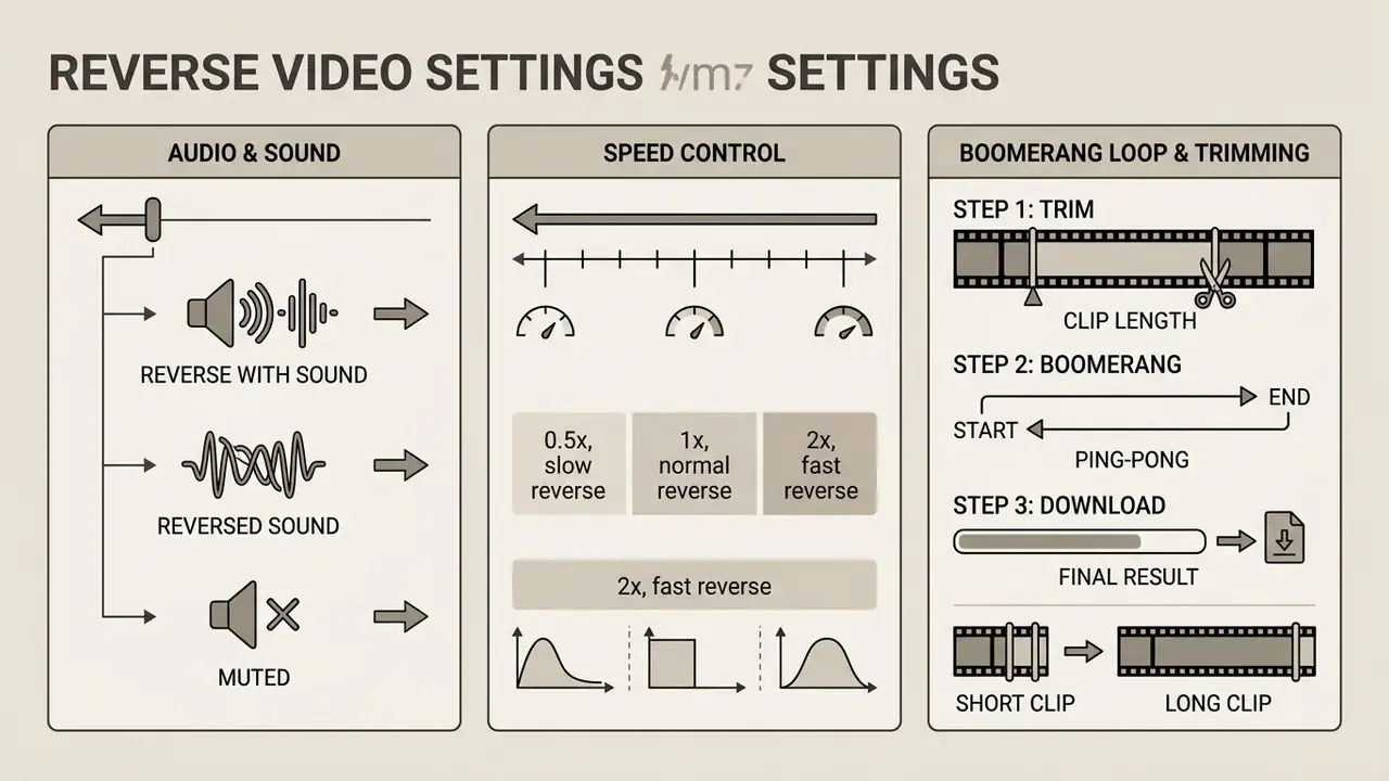 Infographic showing options for audio, playback speed, trimming, and boomerang loops for reverse video
