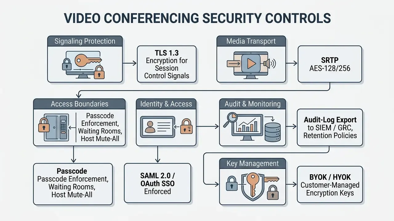 Flowchart detailing technical protocols for signaling, media transport, access, and encryption keys