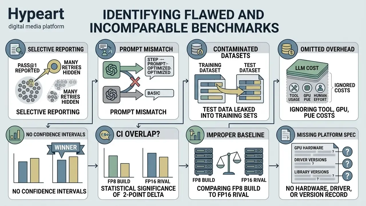 Eight panels showing common pitfalls in AI benchmarking like data leakage and ignored overhead costs
