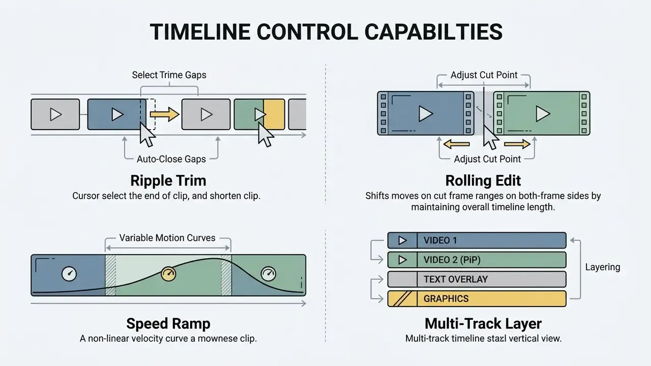 Four diagrams illustrating video editing techniques like ripple trim, rolling edit, speed ramp, and layering