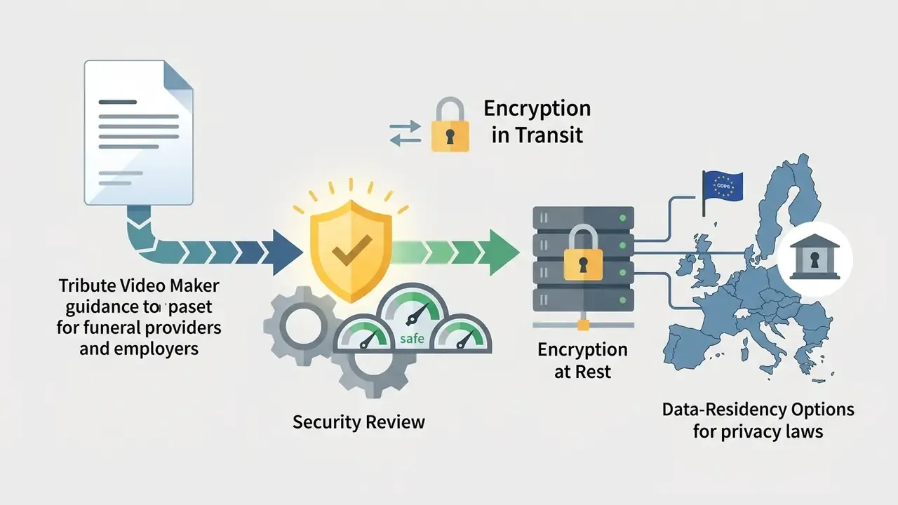 Document flowing through a security check to encrypted servers and regional data residency locations