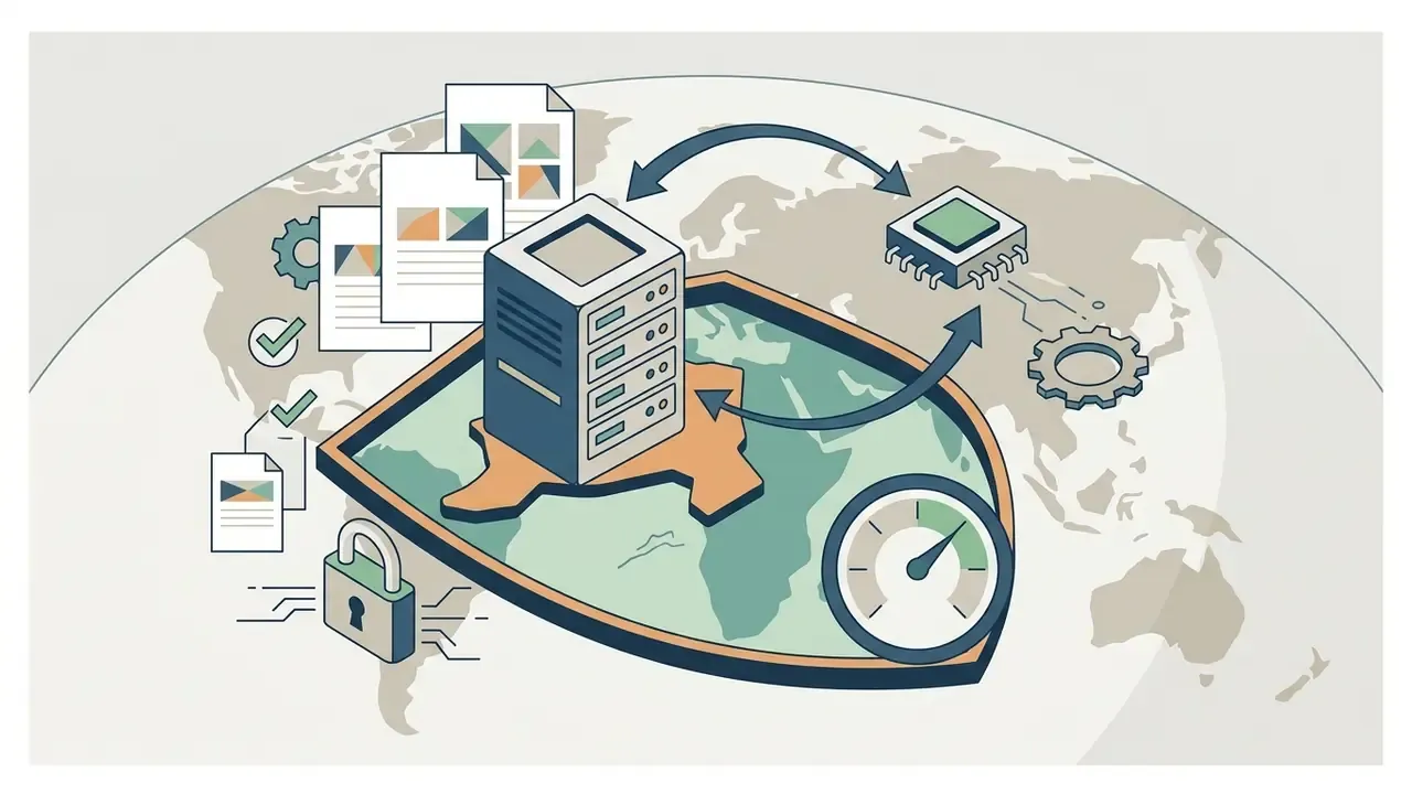 Server and processor exchanging data within a shield on a map with documents and a security lock