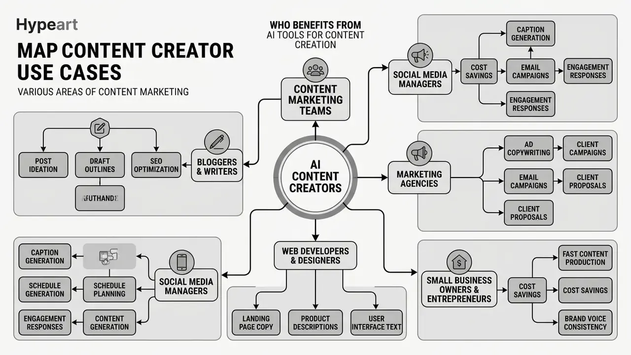 Infographic showing how various professionals utilize an AI content creator for specific marketing tasks