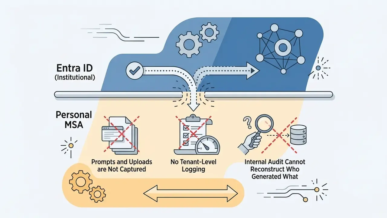 Diagram showing the lack of logging and audit trails when moving data from Entra ID to a personal MSA