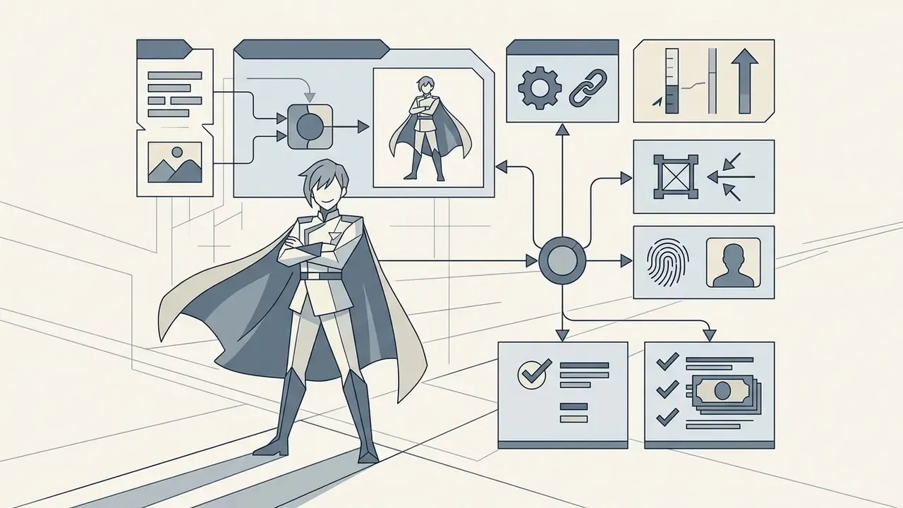 Anime hero standing with arms crossed next to a technical flowchart of character design parameters