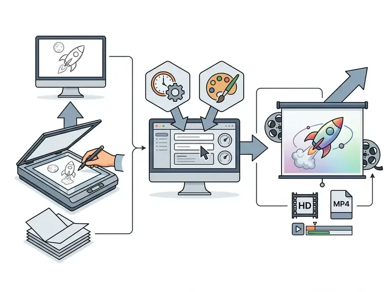 Three-step process showing a hand drawing, computer settings for motion and style, and final HD video output