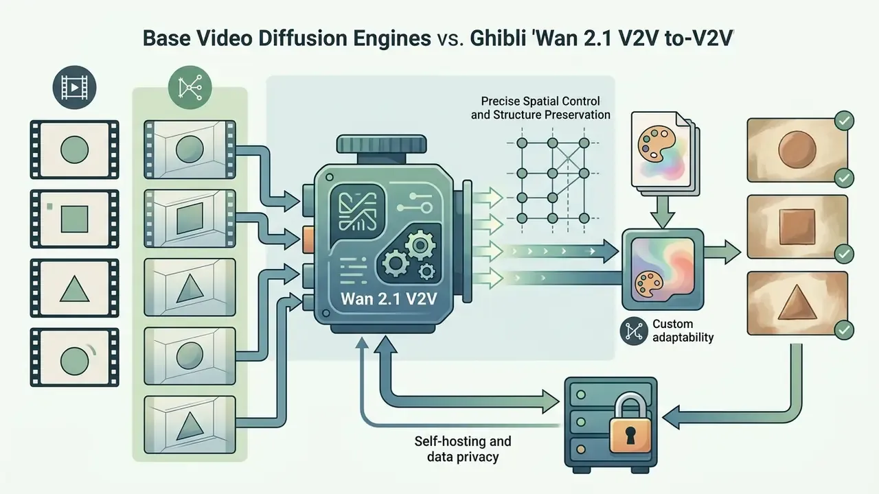 Wan 2.1 V2V engine processing video frames through spatial control and custom LoRA for Ghibli animation