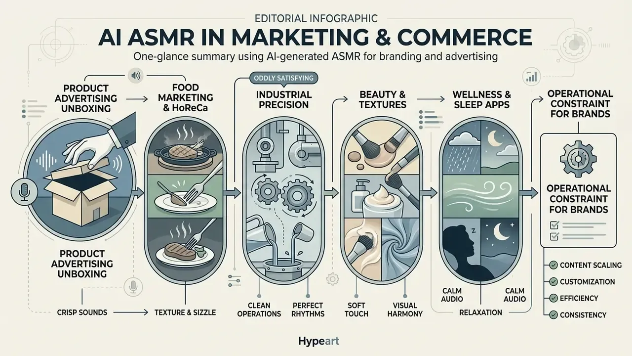 Sequential infographic showing sensory content applications from unboxing and food to industrial processes