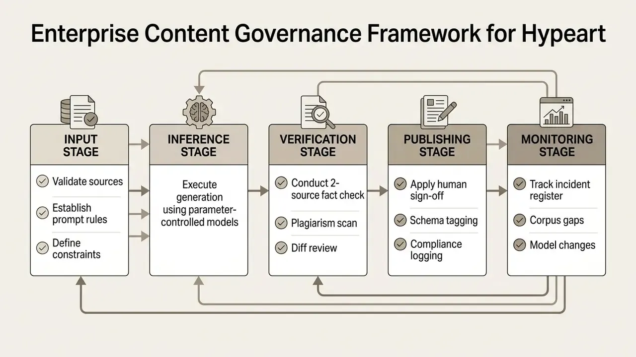 Sequential process steps from input and inference to verification, publishing, and monitoring