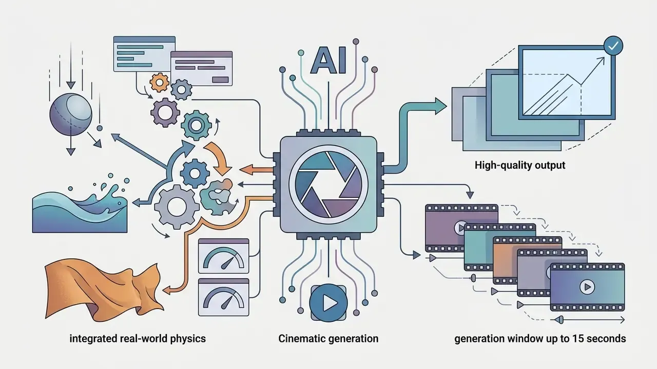 Central AI processor connecting physics simulations to cinematic video output and generation windows