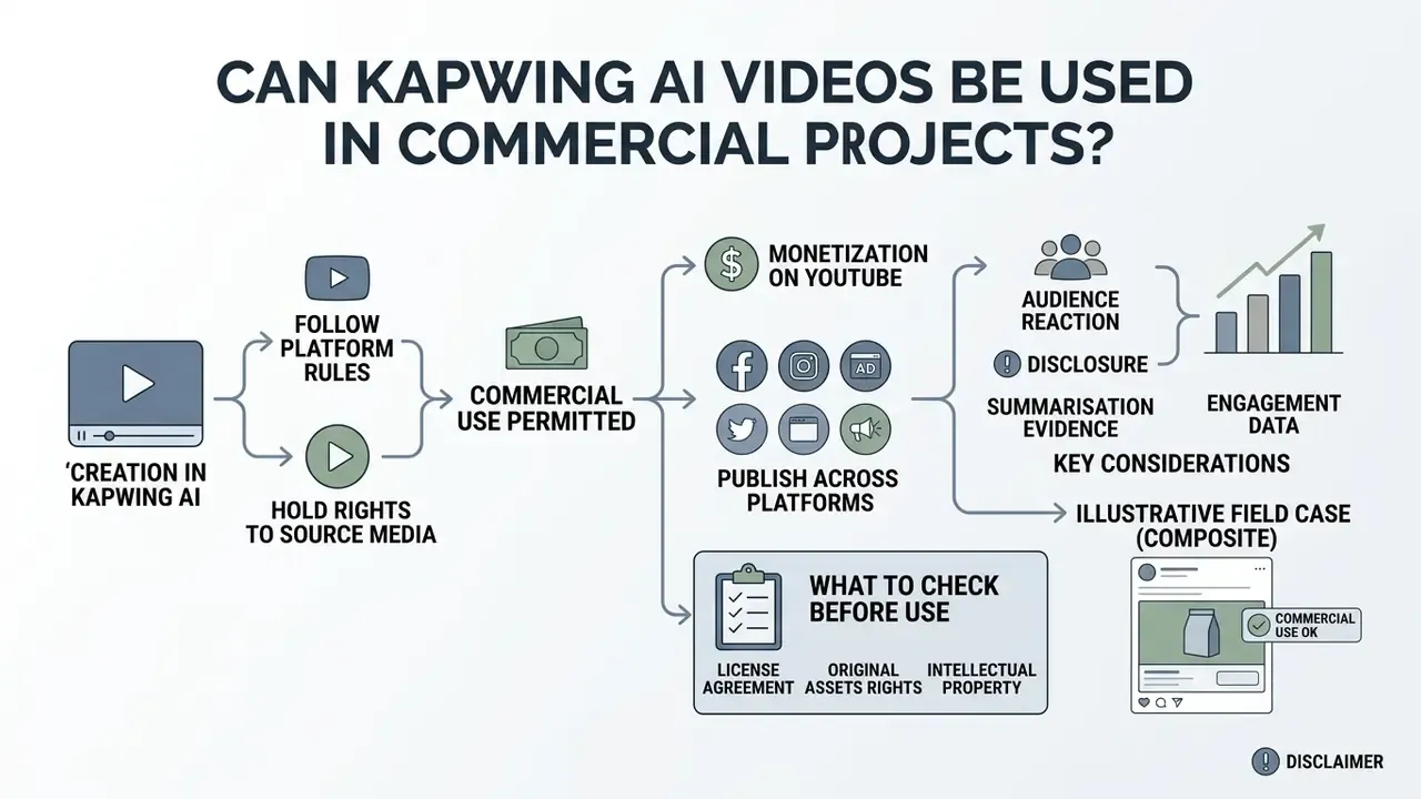 Diagram detailing requirements and considerations for the commercial use of generated video content
