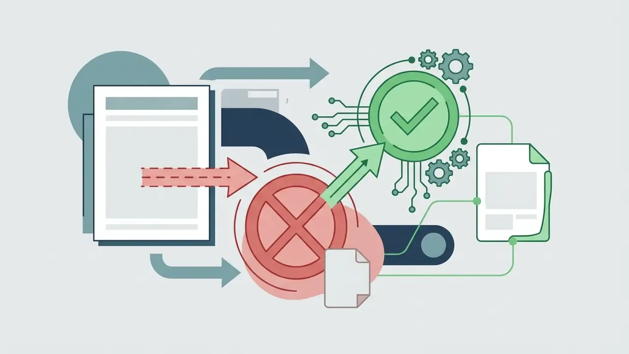 Document feeding into a red forbidden symbol that routes data to a green checkmark and gear processor