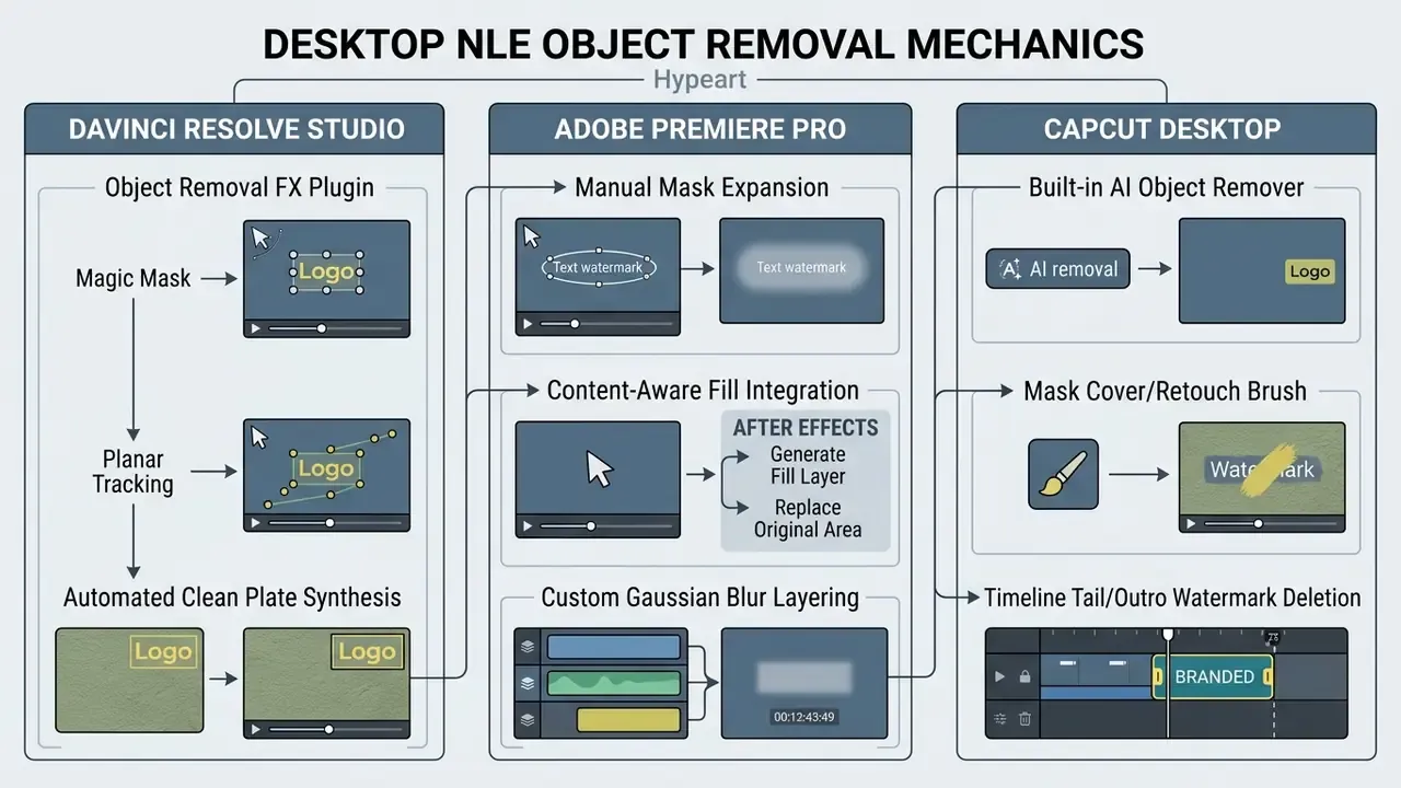 Workflow diagrams showing object removal techniques in DaVinci Resolve Studio, Adobe Premiere Pro, and CapCut