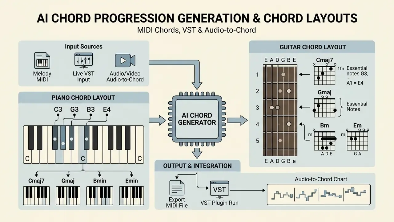 Central AI processor converting musical inputs into piano and guitar chord fingerings and MIDI exports