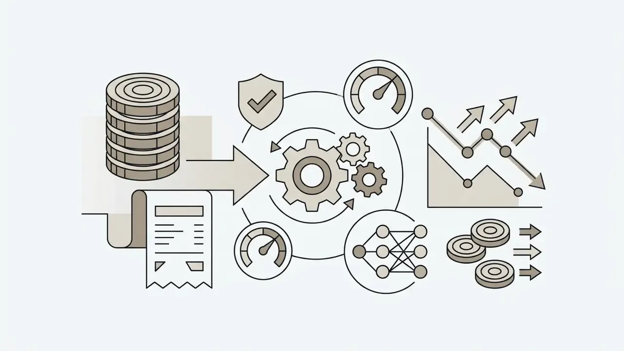 Coins and receipt feeding into a gear system with gauges, network nodes, and financial growth charts