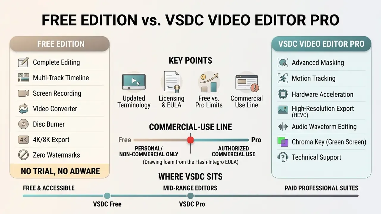 Comparison table listing software features and usage limits for the free and professional versions